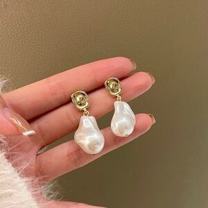 Irregular Pearl Drop Earrings‎ with Gold Stud | 925 Silver Post | Baroque Style